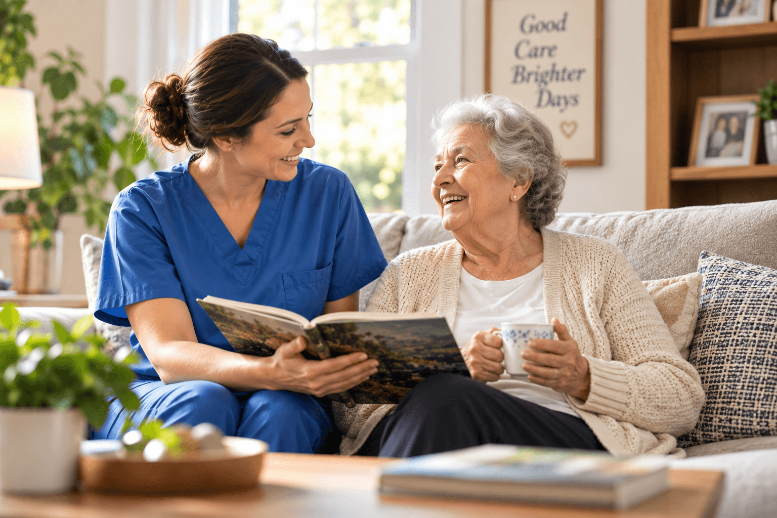 Caregiver and older adult sharing a photo album and laughing together at home