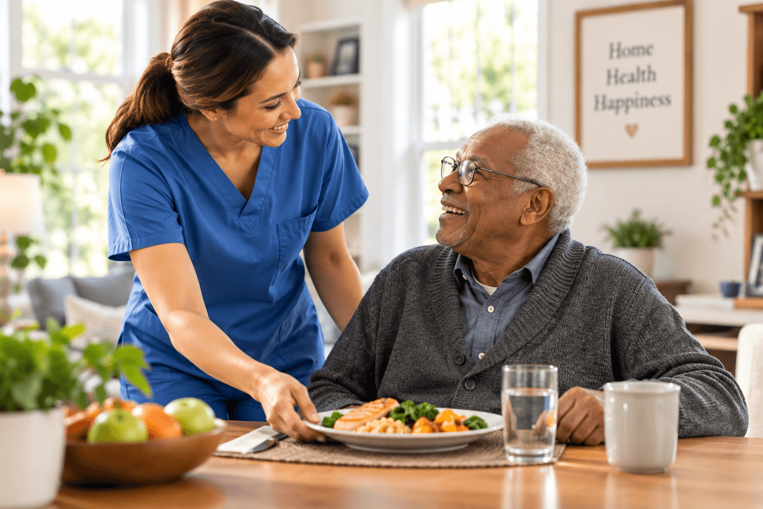 Caregiver serving a meal to an older adult at the dining table